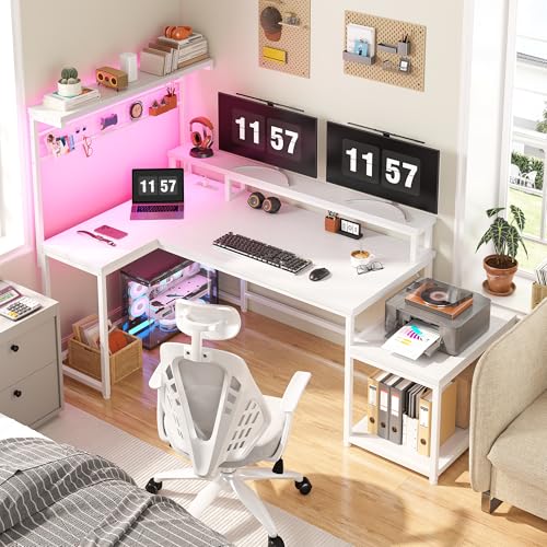 EnHomee 63" L Shaped Gaming Desk with LED Lights & Power Outlets,White - color: White, size: 63"W