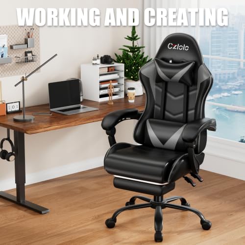 Czlolo Gaming Chair with Footrest Racing Style Lumbar Support Massager Video Game Chair with Metal Legs, High Back Reclining Gamer Chair with Headrest, 360° Swivel Office Computer Desk Chair (Gray) - color: Grey