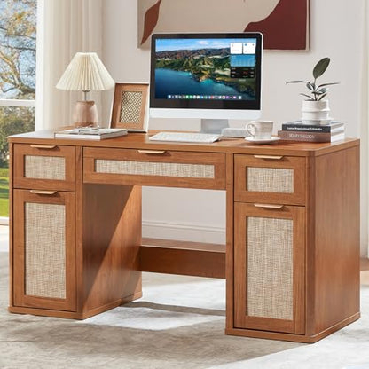 LEYAOYAO Office Desk 56" with 5 Drawers Storage File Cabinet, Tea Brown - color: Tea Brown