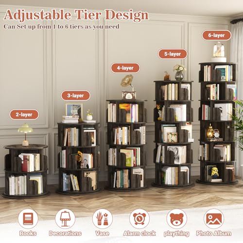 Aheaplus 5 Tier Wood Rotating Bookshelf, 360° Spinning Book Shelf Tower - color: Black Oak, size: 6-Tier