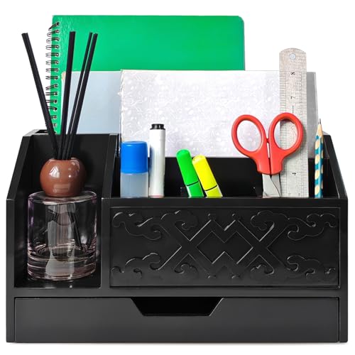 Black Wooden Mail Organizer with Drawer, Three Tiered Desk Accessories for Office Organization and Storage, Stylish Countertop Document Storage, Home/Office/Classroom Supplies (Black03) - style: Black03