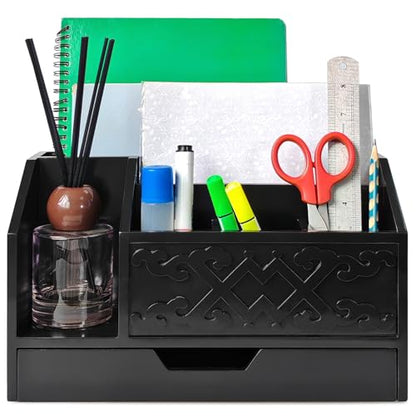Black Wooden Mail Organizer with Drawer, Three Tiered Desk Accessories for Office Organization and Storage, Stylish Countertop Document Storage, Home/Office/Classroom Supplies (Black03) - style: Black03
