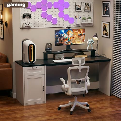 HUAHUU 63" Farmhouse Executive Desk with Drawers, Modern Computer Desk with Power Outlets, Office Writing Desk with Monitor Stand & Storage Cabinet, Printer Shelf, Antique White - color: Black and White
