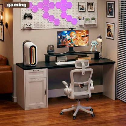 HUAHUU 63" Farmhouse Executive Desk with Drawers, Modern Computer Desk with Power Outlets, Office Writing Desk with Monitor Stand & Storage Cabinet, Printer Shelf, Antique White - color: Black and White