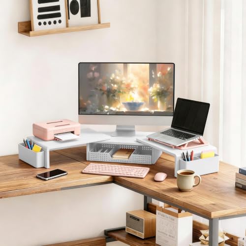 LEKETREE Dual Monitor Stand Riser with Drawer and 2 Pen Holders, White - color: White