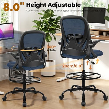 Drafting Chair Tall Office Chair with Flip-up Armrests Executive Ergonomic Computer Standing Desk Chair with Lumbar Support and Adjustable Footrest Ring (Navy) - color: Navy, size: 934-Z