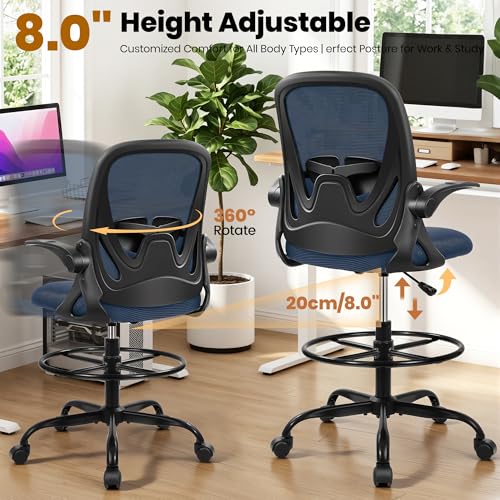 Primy Drafting Chair Tall Office Chair with Flip-up Armrests Executive Ergonomic Computer Standing Desk Chair with Lumbar Support and Adjustable Footrest Ring (Navy) - color: Navy, size: 934-Z