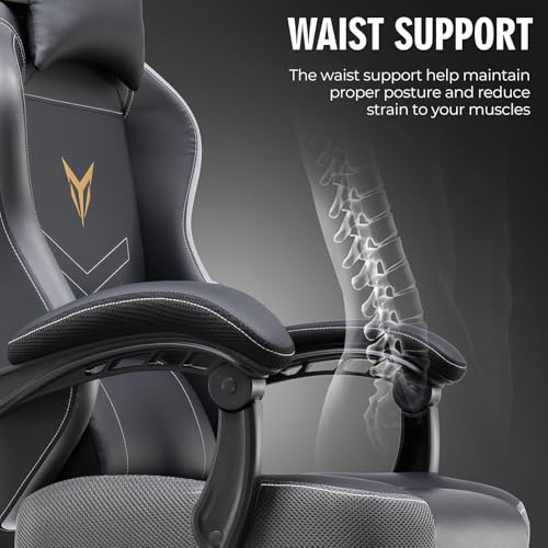 GTPLAYER Gaming Chair, Office Chair High Back Computer Chair with Foot Rest for Adults, Leather Desk Chair Executive Ergonomic Height Adjustable with Headrest and Lumbar Support, 300lbs Grey - color: Grey