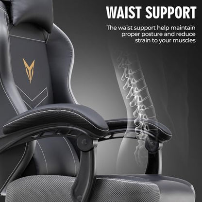 GTPLAYER Gaming Chair, Office Chair High Back Computer Chair with Foot Rest for Adults, Leather Desk Chair Executive Ergonomic Height Adjustable with Headrest and Lumbar Support, 300lbs Grey - color: Grey