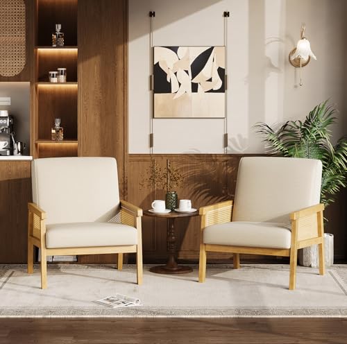 Garvee Linen Accent Chair, Rattan Armchair with Wooden Frame, High Back, Upholstered Reading Chair Leisure Chairs for Living Room Bedroom Waiting Room Reception, Beige - color: Linen, Beige