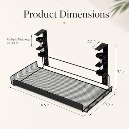 Under Desk Cable Management Tray, No Drill Under Desk Shelf | Black Metal Mesh Wire Organizer with Clamp for 0.4-1.8 in Table for Power Strips and Cord Storage in Home Office