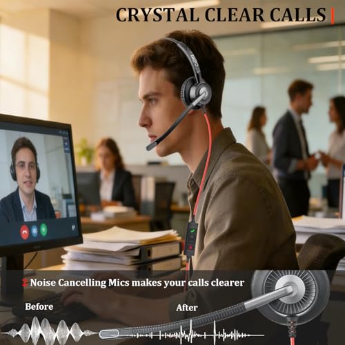 Callez USB Headset with ENC 2 Noise Cancelling Mics for PC Laptop Office | Wired Computer Headphones with Microphone, Mono Office Headset for Teams Zoom Skype Home Work Call Center, Teams Call Control