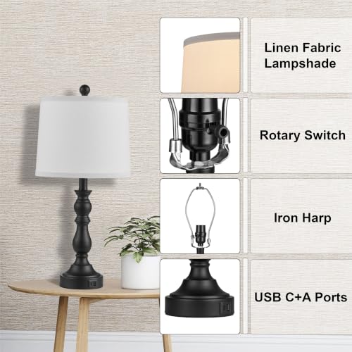 Black Table Lamps Set of 2, Black Lamps for Bedroom, USB C+A Ports - color: E.White, Black