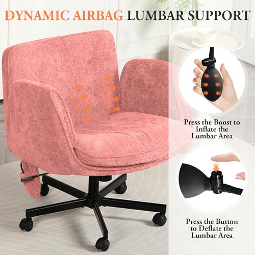 Criss Cross Chair with Lumbar Airbag & Folding Arms Relieve Back Pain, Wide Cross Legged Office Chair for Home Office, Comfy Swivel Desk Chair with Wheels, 5 Level Adjustable Armrest, Chenille(Pink) - color: Pink, style: With Airbag Lumbar Support