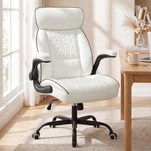 White Office Chair 400lbs, Modern Executive Desk Chair with Lumbar Support, Comfortable Computer Chair with Flip-up Armrests, Adjustable Height Swivel Reclining Chair for Home Office, Faux Leather - color: White-large