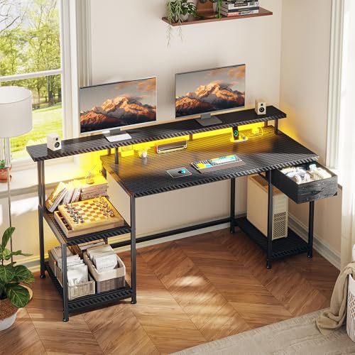 DurayLoly Gaming Desk with 55" Long Monitor Stand, 18" Ample Printer Space | Storage Drawer and File Shelves,Versatile RGB LED Lighting,Built-In USB Outlet,Sturdy Metal Frame,Bedroom Writing Desk,Black - color: Black Carbon Fiber