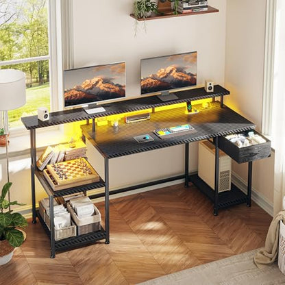 DurayLoly Gaming Desk with 55" Long Monitor Stand, 18" Ample Printer Space | Storage Drawer and File Shelves,Versatile RGB LED Lighting,Built-In USB Outlet,Sturdy Metal Frame,Bedroom Writing Desk,Black - color: Black Carbon Fiber