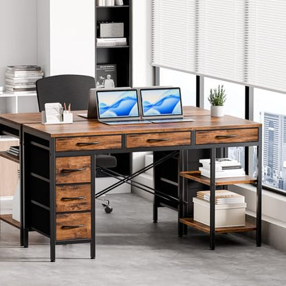 55" Computer Desk with 6 Drawers,Storage Shelves - color: Brown, size: 55-in