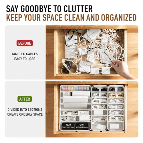 Cable Storage Box with Cable Straps and 6 Magnetic Cable Clips | With 6 Removable Dividers, 7 Cable Ties & 6 Magnetic Clips, Ideal for Chargers, USB Cables & Office Supplies