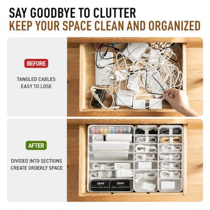 Cable Storage Box with Cable Straps and 6 Magnetic Cable Clips | With 6 Removable Dividers, 7 Cable Ties & 6 Magnetic Clips, Ideal for Chargers, USB Cables & Office Supplies
