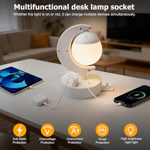 Table Lamp with USB Charging Port & AC Outlet, 3-Color Dimmable LED Desk Lamp, Eye-Caring Bedside Nightstand Light for Bedroom, Home Office & Living Room