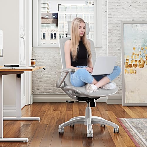 GABRYLLY Ergonomic Office Chair, High Back Home Desk Chair with Headrest, Flip-Up Arms, 90-120° Tilt Lock and Wide Cushion, 300LBS Mesh Chairs for Man Woman, White Task Chair(Grey,GY01WG) - color: White Frame Grey Mesh