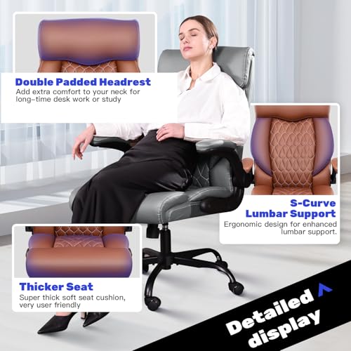 High Back Executive Office Chair - Ergonomic Computer Desk with Rocking Function, Leather Managerial with Adjustable Flip-Up Armrests and Lumbar Support - color: Brown, style: Without Footrest
