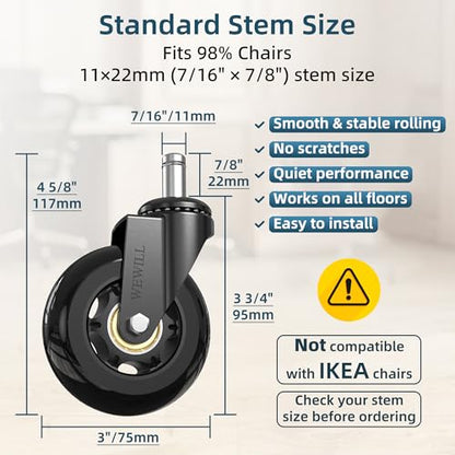 WEWILL Office Chair Wheels - Rubber Casters Replacement Universal Fit 98% Chair(Set of 5) Heavy Duty 3 Inch Smoothly & Quietly Safe for All Floor, Hardwood, Tile, Carpet, Noise Free - Black - color: Black