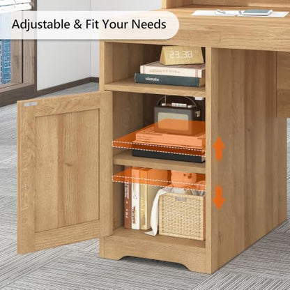 65" Farmhouse Computer Desk with Drawers and Printer Stand for Home Office - color: Oak