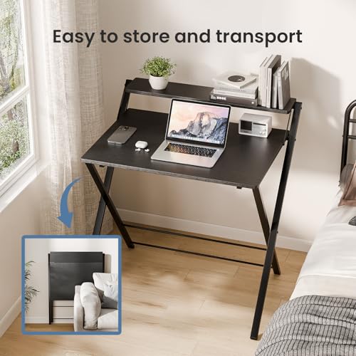 DUMOS Folding Desk with Shelf, No Assembly Computer Desk, Small Space Black | Foldable Desk with Shelf Saves Space for Bedroom, Office and Dorm Use - color: Modern Black
