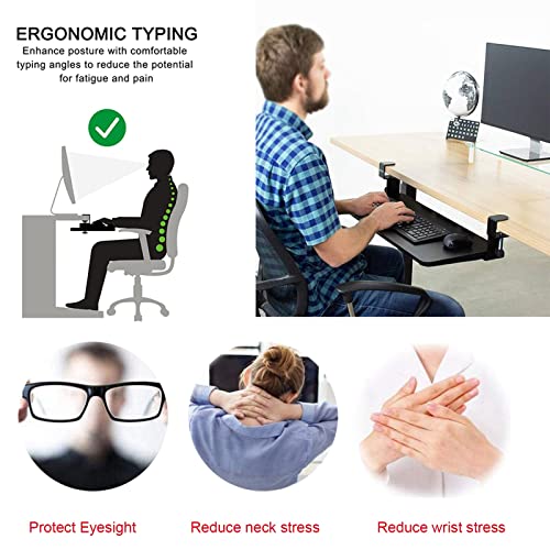 V3VOGUE Wooden Keyboard Tray Under Desk Push-Pull Keyboard Drawers Computer Keyboard Stand - Height Adjustable - Clamp-On - Keyboard and Mouses Storage Shelves, with Mouses Pads - color: Black, size: 650*250 mm (26*10 Inch)