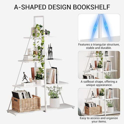 Book Shelf, 4 Tier Ladder Bookcase with Sailboat A-Shaped Design, Narrow Storage Display Shelves, Sturdy Wood and Metal Frame, Modern Bookshelf for Living Room, Home Office, Bedroom, Small Spaces