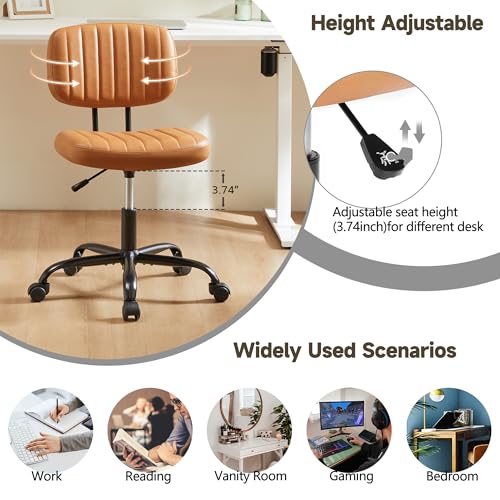 Armless Office Chair, Swivel Rolling PU Leather Vanity Chair with Back Lumbar Support Height Adjustable Computer Chair, Small Desk Chair for Home Office (Brown) - color: Brown