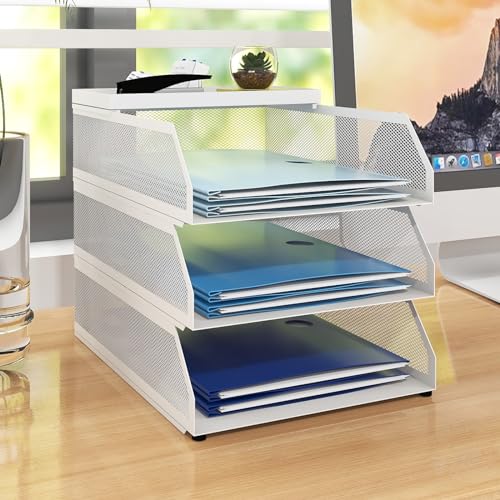 Natwind 3-Tier Stackable Metal Mesh Desk Paper Tray Organizer, White | Desktop Accessories for Office Supplies, Letter Tray For Paper Storage ,File Document Holder For Home School Classroom - color: White, size: 3 tier