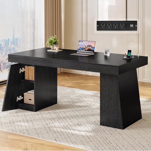 UPOSOJA 55.9" Executive Desk with Storage & Power Outlets, Home Office Desk - color: Black, size: 55.9in Cabinet