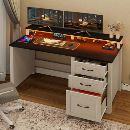 Vabches 47" Farmhouse Executive Desk with 3 Drawers and LED Lights, Black - color: Black, size: 3 Drawers & Monitor Stand
