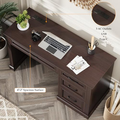 Vabches Farmhouse 47" Executive Desk with Charging Station, Walnut | Computer Desk with Drawers, Workstation Computer Desk with File Drawer for Home Office,Study. - color: Walnut