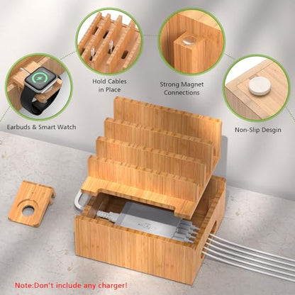 Pezin & Hulin Bamboo Charging Stand, Dock Organizer for Multi Devices, Cell Phone, Tablets, Smart Watch, with Pack 5 Cables, No Power Charger Block - color: Without Charger