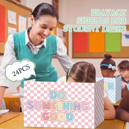 Honoson 24 Pcs Inspirational Privacy Folders for Students | Cardboard Desk Shields with Motivational Words, 6 Designs for Classroom Study, Tri-fold Exam Dividers, Bulk Test Boards - style: Pastel Checkerboard
