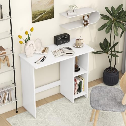 GOFLAME Small Computer Desk with Storage, Modern Writing Desk with Adjustable Shelf, Space Saving Laptop PC Desk with Anti-Toppling Kit, Wooden Study Desk for Home Office, White