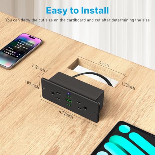 CCCEI Recessed Power Strip with Outlet and 45W USB C Ports, Furniture Flush Mount Power Strip, Small Desk Hidden Outlet for Conference Table, Nightstand, Black, 6FT. - size: 6FT, style: 45W_USB-C