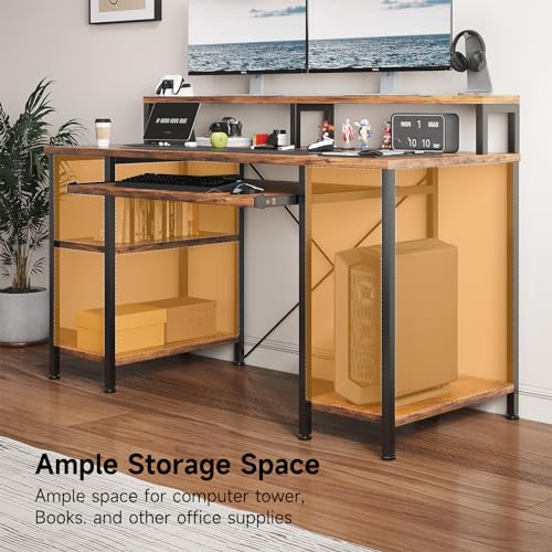 VERMESS 48Inch Computer Desk, Home Office Desks with Keyboard Tray, Gaming Desk with CPU Stand Shelf,Industrial Study Table Wide Writing Desk with Storage Shelves for 2 Monitors, Rustic Brown - color: Rustic Brown