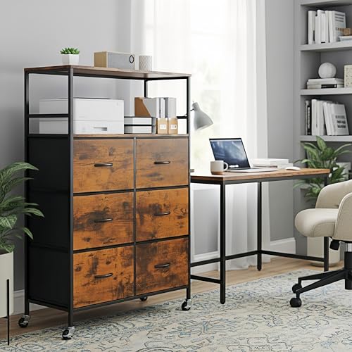 DreamDashio 6-Drawer Rolling File Cabinet for Home Office, Rustic Brown