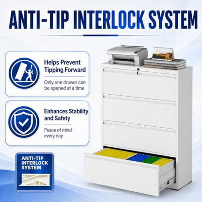 4 Drawer File Cabinet with Lock, Metal File Cabinet, White - color: White, size: 52.3"H - 4 Drawer