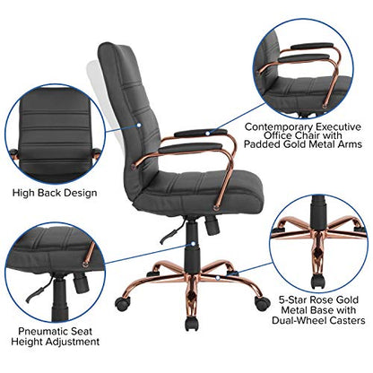 Flash Furniture High Back Black LeatherSoft Executive Swivel Office Chair with Rose Gold Frame and Arms | 360° Swivel, Height Adjustable, Commercial Grade - color: Black Leathersoft/Rose Gold Frame