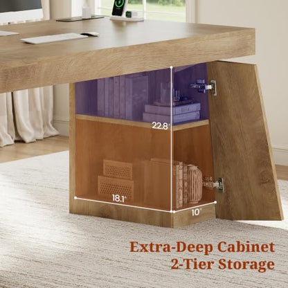 UPOSOJA 55.9" Executive Desk with Storage & Power Outlets, Home Office Desk - color: Oak, size: 55.9in Cabinet