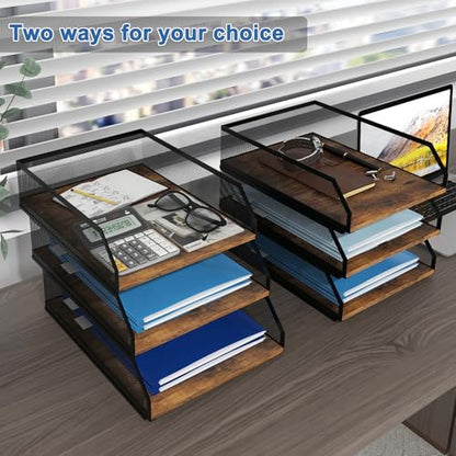 Natwind 3-Tier Stackable Metal Mesh Paper Organizer with Sliding Tray,Retro | Wooden Desk Organizer, Letter Tray For Desktop,File Holder For Home Office School Classroom Organization - size: 3 tier