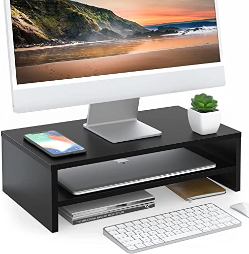 FITUEYES Wooden Monitor Stand Riser, 2-Tier Desk Storage Shelf, Black | 16.7-Inch Desktop Organizer Fits Laptop, Computer Screen and Office Supplies - color: Black, size: 16.7“