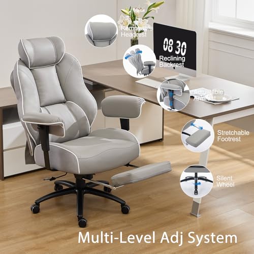 DJ·Wang Big and Tall Office Chair with Foot Rest, High Back Executive Office Chair PU Leather, Ergonomic Chairs with Lumbar Support, 135° Reclining Chairs with Thickened Spring Cushion Gray - color: Pu Gray