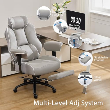 DJ·Wang Big and Tall Office Chair with Foot Rest, High Back Executive Office Chair PU Leather, Ergonomic Chairs with Lumbar Support, 135° Reclining Chairs with Thickened Spring Cushion Gray - color: Pu Gray